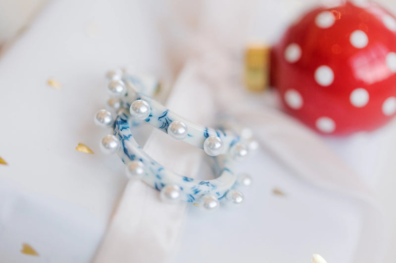 Blue and White Pearl Statement Hoop Earrings