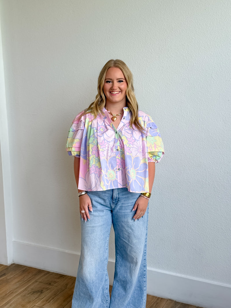 Large Floral Pleat Sleeve Top