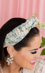 Light Blue and White Floral Headband with Crystals and Pearls