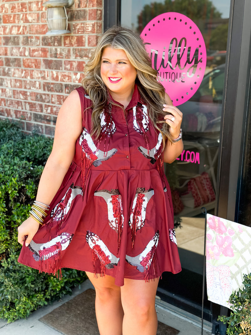 Maroon & Grey Fringe Boot Dress