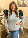 Grey Floral Sequin Ruffle Sweatshirt