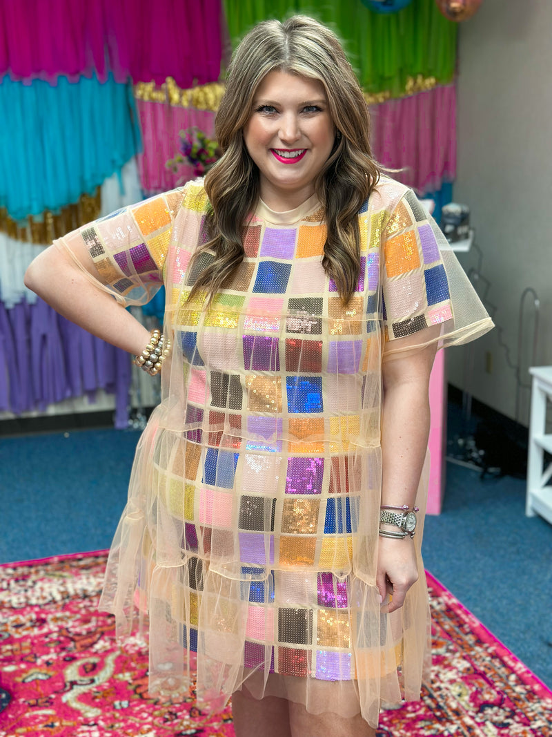 Tan Mesh Overlay Rainbow Square Dress