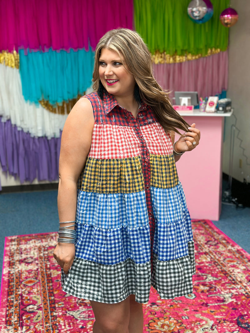 Plaid Sleeveless Sequin Tier Dress